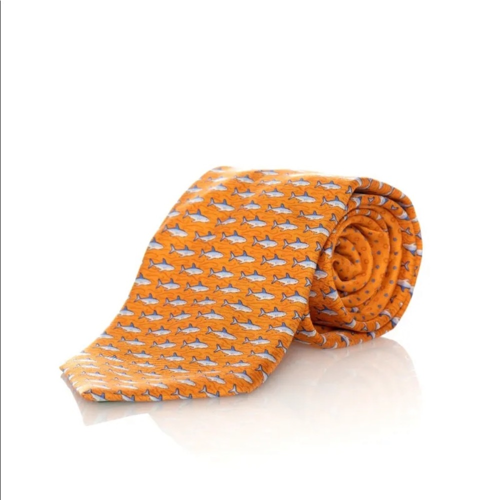 Tommy Hilfiger men’s 100% silk neck tie orange blue white shark print pattern